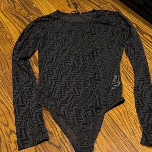 Black Monogram Fitted Long-Sleeve Bodysuit